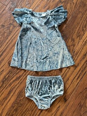 Shimmer Stretch Velvet Ruffle Sleeve Baby Dress and Bloomers - Slate Blue